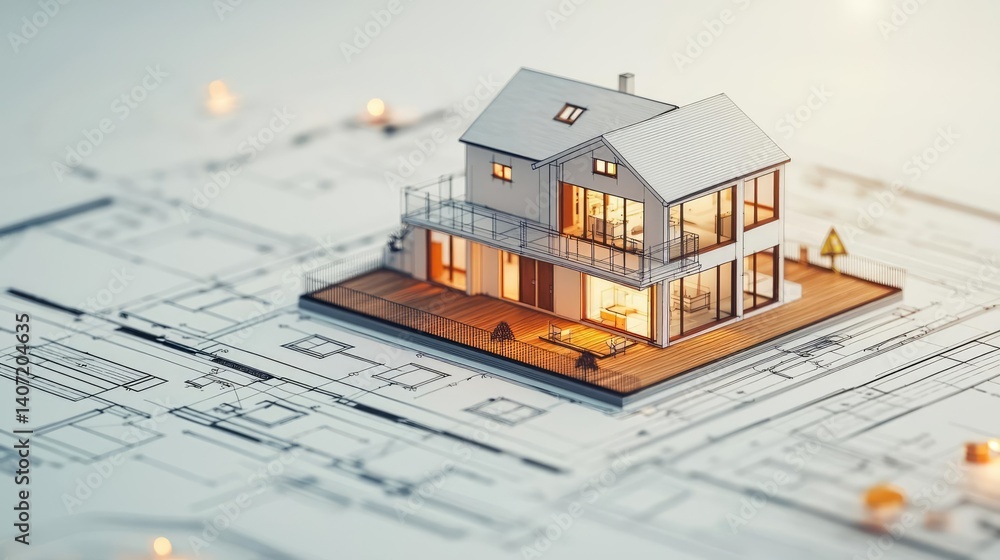 Poster building house on blueprint with dwelling and plan concept. a model house displayed on architectural