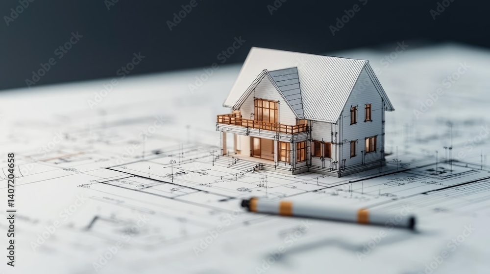 Poster building house on blueprint with dwelling and plan concept. a detailed architectural model on a blue
