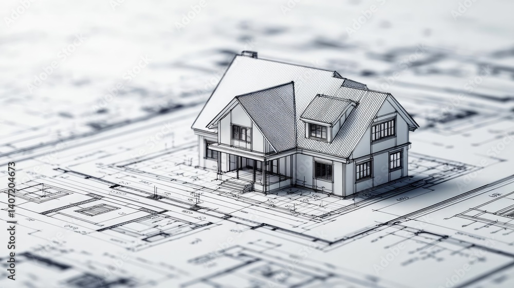 Poster building house on blueprint with dwelling and plan concept. architectural model placed on constructi
