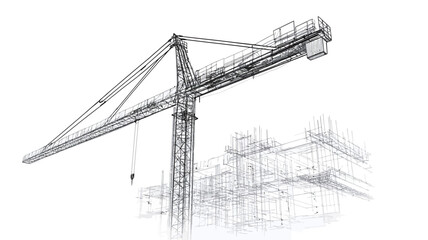 The image is a monochrome sketch depicting a large construction crane positioned prominently in the foreground.  The crane is detailed, showing its structure and mechanics. Behind the crane