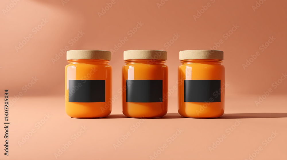Poster orange marmalade jars mockup with blank label for branding and product presentation display design