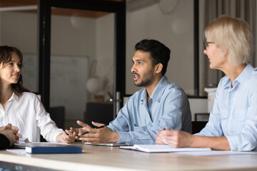 Business professional man, strong leader leading board meeting, executive people talk in a boardroom. Manager discussing project with diverse partner team. Office management working, finding solutions