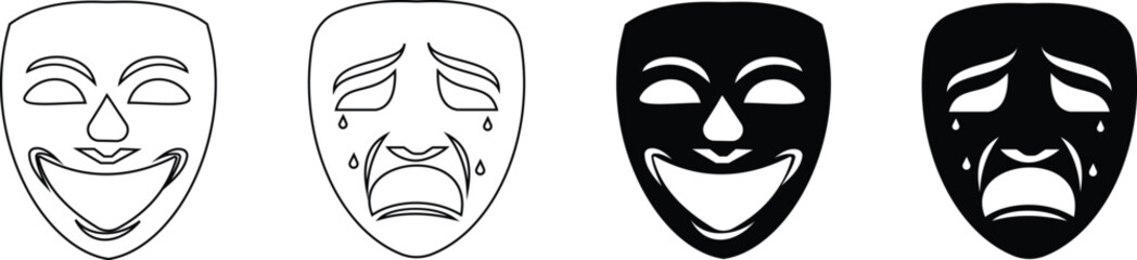 carnival, mask, icon set, vector, design, tragedy, comedy, theatrical, editable, stroke, graphic, series, drama, mask sign, happy, sad, simple, symbol, flat, style, transparent, background, education,