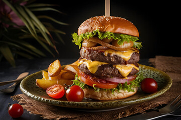 Gourmet Cheeseburger with Caramelized Onions and Fresh Toppings on Sesame Bun