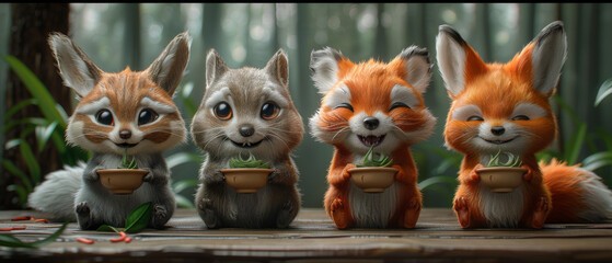 Cute little foxes sitting on a wooden table, blurred forest background