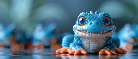 A blue 3D frog with orange feet is smiling and looking at the camera