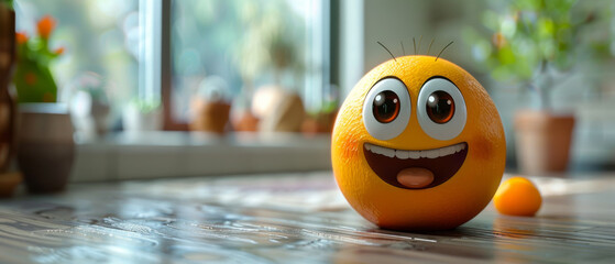 Cartoon orange face with big smile, small orange, kitchen scenery