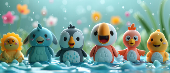A group of small, colorful birds are floating in a body of water, 3D scenery