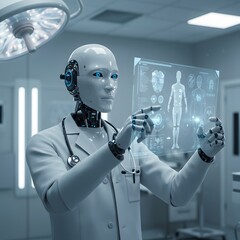Futuristic Medical Robot Analyzing Patient Data