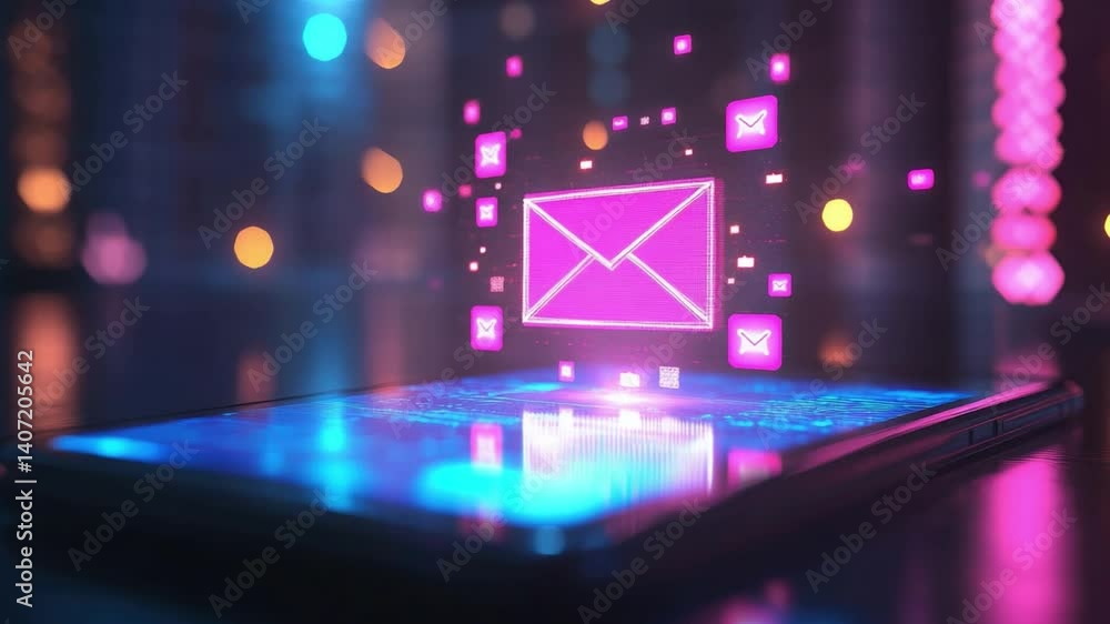Poster vibrant neon mail notification with digital elements on smartphone display