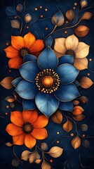 Vibrant Floral Phone Wallpaper  Blue Orange & Beige Flowers with Intricate Leaves on Deep Blue Background | Artistic Mobile Background

