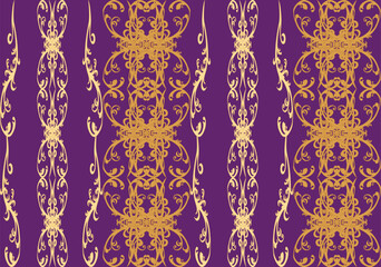 Vector seamless vintage pattern with intertwined golden decorative swirl elements on a very dark magenta background.