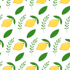 Lemon seamless pattern with leaves. Summer pattern for fabric, stationery.