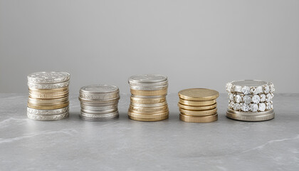 Stacks of euro coins and banknotes on grey table