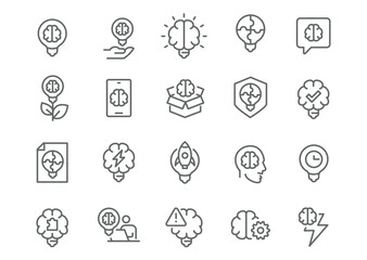 Editable Vector Icon Set in Line Style on Brain Activities and Problem-Solving.
