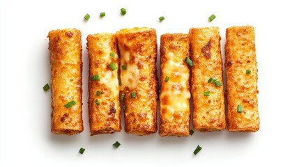 Crispy Golden Cheese Sticks with Chopped Green Onions on White Background