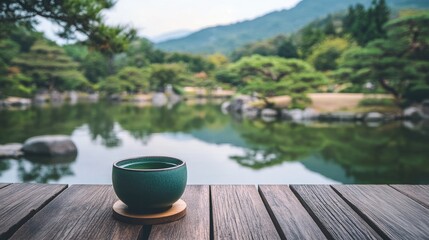 Minimal cup of green tea with serene view of a quiet Japanese garden