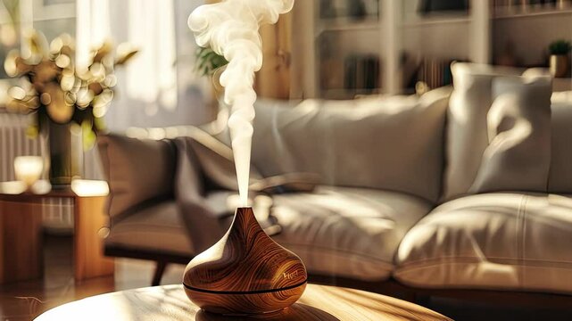 Essential oil diffuser releases soothing mist in a cozy living room filled with natural light and comfortable seating arrangements