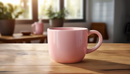 Close-Up of Pink Ceramic Mug on Wooden Table