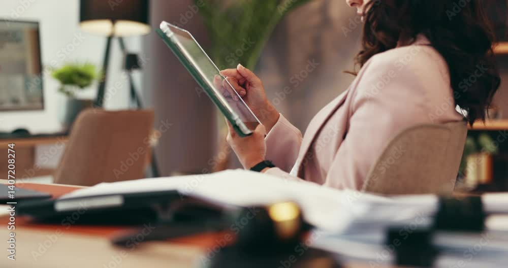 Poster Hands, tablet and remote work with woman in home office for virtual assistant, documents and networking. Feedback, administration and scroll on technology with person for information and research