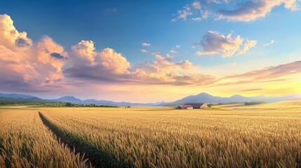 Obraz premium Serene Golden Wheat Field Under Expansive Sky with Sunlit Clouds and Distant Mountains