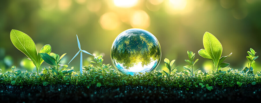 Digital concept presentation of sustainable energy transition, emphasizing ecological protection and economic prosperity through clean energy solutions