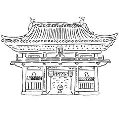 観光/四国徳島県の「一番札所」＿手描き線画カットイラスト・モノクロ
