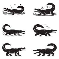 Crocodile design on white background. Wild Animals. Reptile. Easy editable layered Vector Black silhouettes illustration.