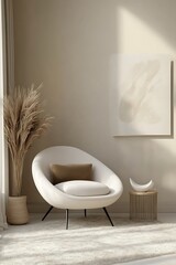 Fototapeta premium Serene Minimalist Interior Design: Cream Armchair, Pampas Grass, and Subtle Artwork
