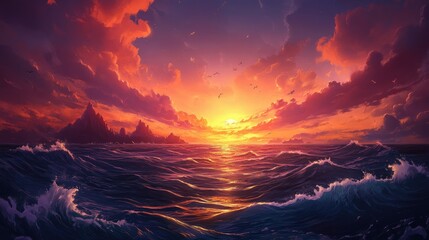 Rocky coastline glowing under sunset light, waves gently splashing as sky fades into evening tones