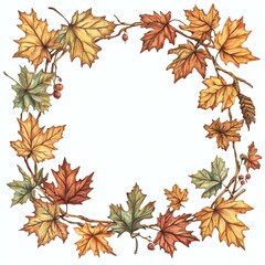 Autumn leaves in a decorative circular frame.