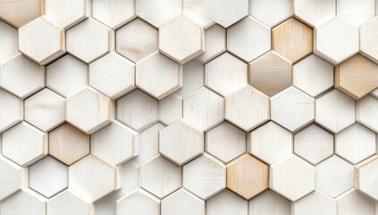 Abstract background featuring a pattern of white and beige hexagonal shapes.