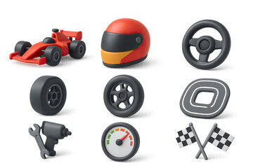 3D icon set of racing games: race car, racing helmet, tire, steering wheel, pit stop tools, speedometer, track, flags. 3d icon set isolated