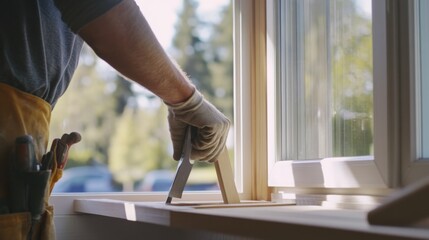 Carpenter installing window frame in house. Featuring precision and expertise