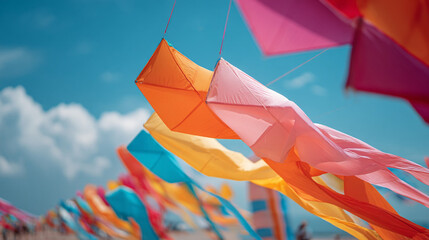 Colorful kites flying in the blue sky kite festival summer fun outdoor activity and wind power concept