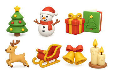 3D icon set of Christmas games: Christmas tree, snowman, gift box, holiday cards, reindeer, sleigh, Christmas bells, candles. 3d icon set isolated