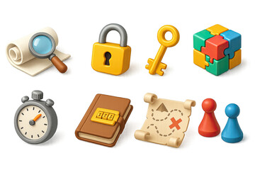 3D icon set of escape room games: clue, lock, key, puzzle box, timer, codebook, mystery map, game pieces. 3d icon set isolated