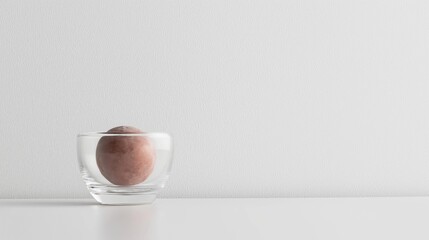 Small glass bowl with a single egg inside. the egg is a light brown color and appears to be fresh and uncooked. the bowl is sitting on a white surface with a plain white background.