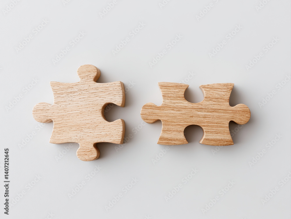 Poster two wooden puzzle pieces are displayed on light background, symbolizing connection and unity