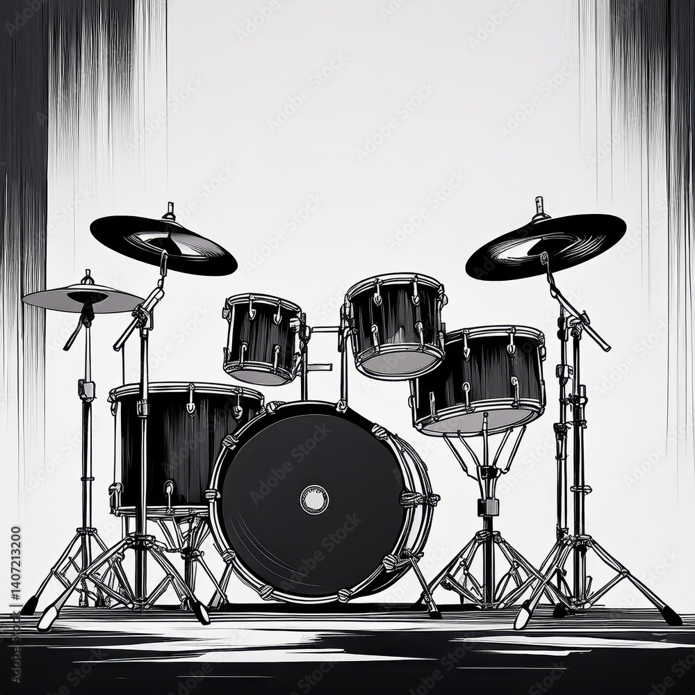 Poster minimalistic black and white animestyle drum sets in a striking monochrome scene, expressing energy 