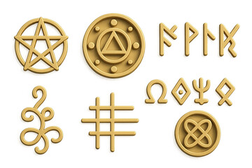 3D icon set of mystical symbols: pentagram, arcane circle, runes, sigils, ancient script, magical glyphs, binding seal, symbol of protection. 3d icon set isolated