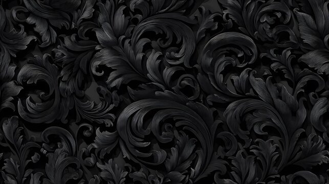 Dark Intricate Floral Pattern on Black Background with Realistic Texture and Lighting