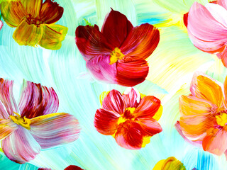 Abstract  flowers, original hand drawn, impressionism style, color texture, brush strokes of paint, art background.