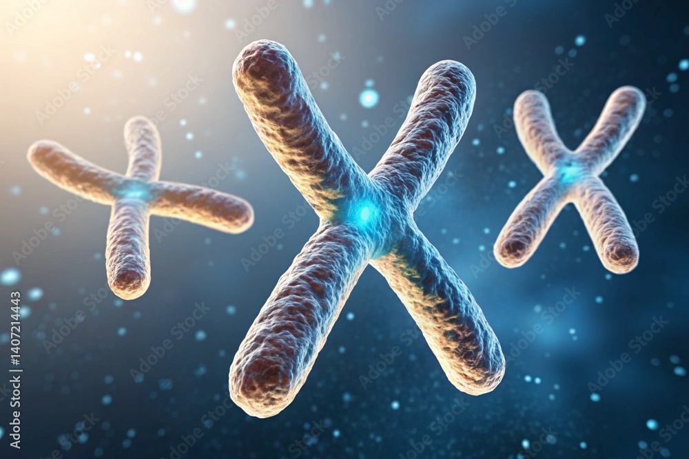 Poster floating chromosome structures with cyan glow on textured surface for science background