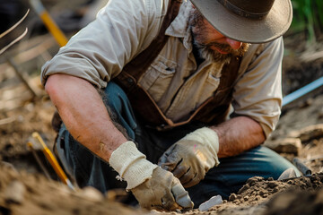 Archaeologist Carefully Excavating Fossilized Artifact Bones Skeletons in Field, Generative AI