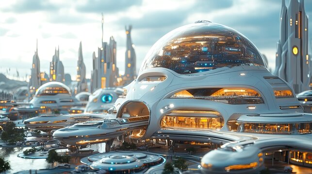 A futuristic cityscape with interconnected, luminous structures.