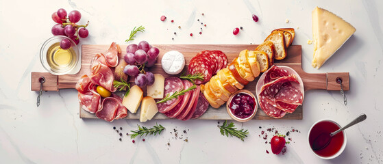 Top view variety of fresh meats and cheeses, grapes on marble bakground