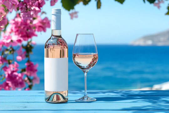 Bottle of rose wine with mock-up label and a glass on an outdoor table on the beach under a flowering bougainvillea tree.