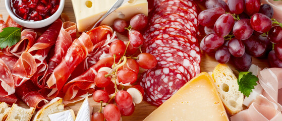Artisan variety of fresh meats, cheeses and grapes on wooden table