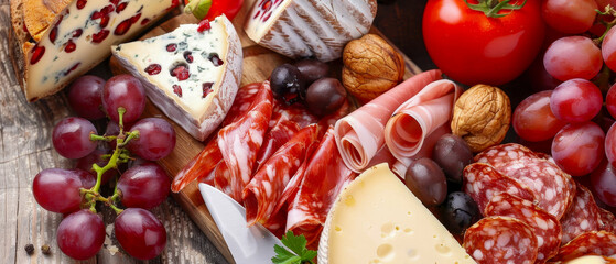 Close up wooden board with artisan meats, cheeses and fruits